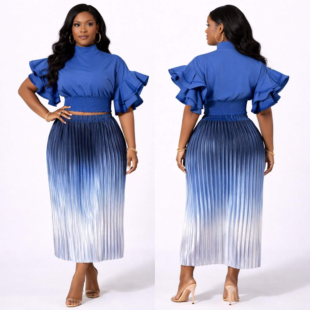 Blue Ruffle Sleeve Crop Top and Ombre Pleated  Midi Skirt Set