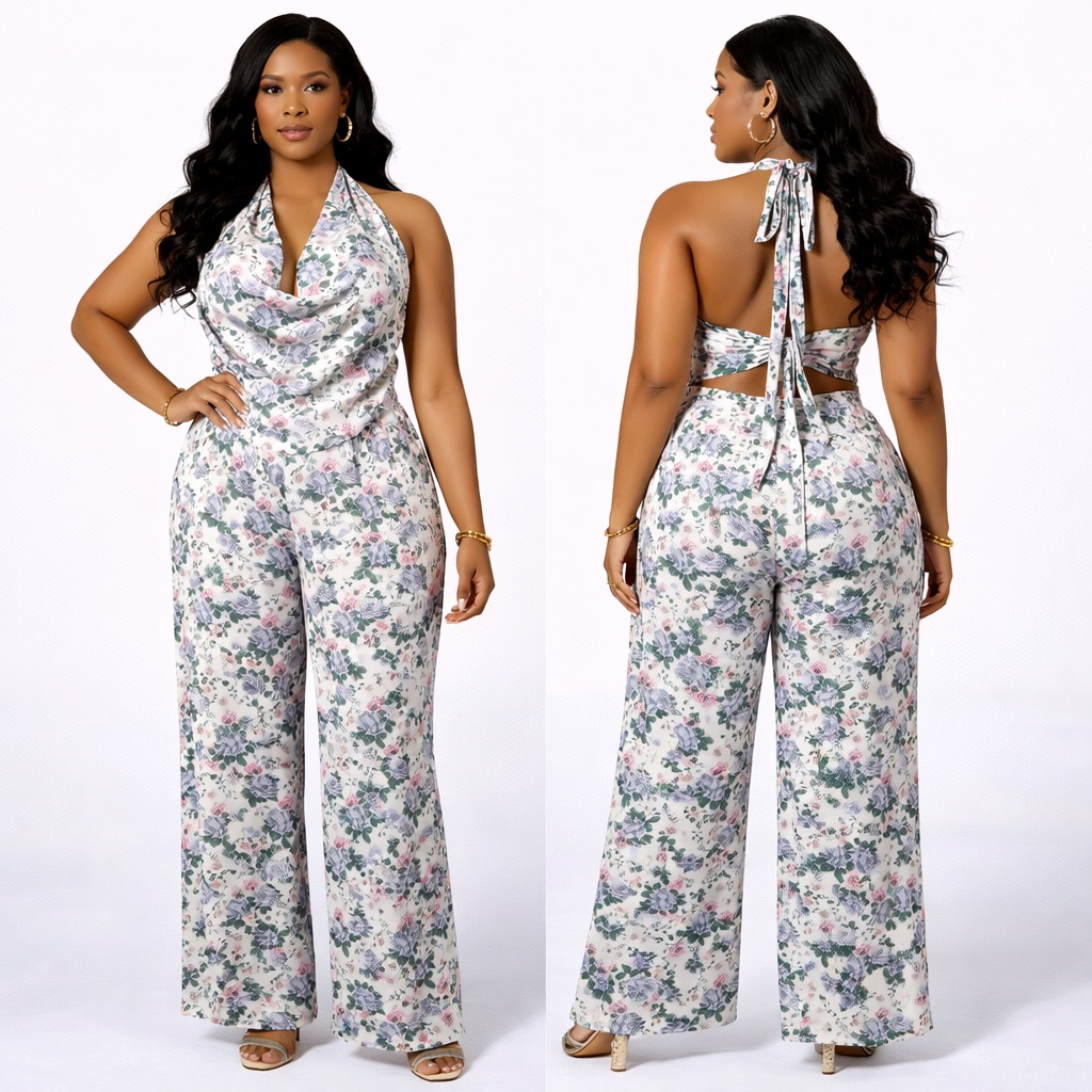 White  Floral Print Halter  Neck Wide Leg Jumpsuit