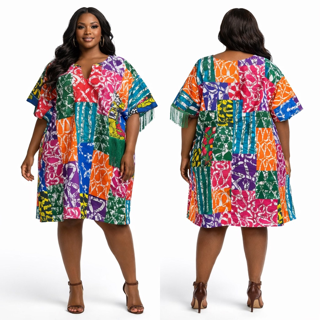 Multicolor Abstract Print Kaftan Dress  with Tassel