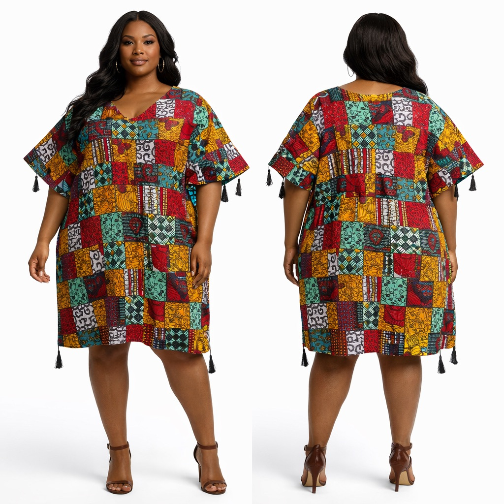 Multicolor Patchwork Print Kaftan Dress  with  Tassel Accents