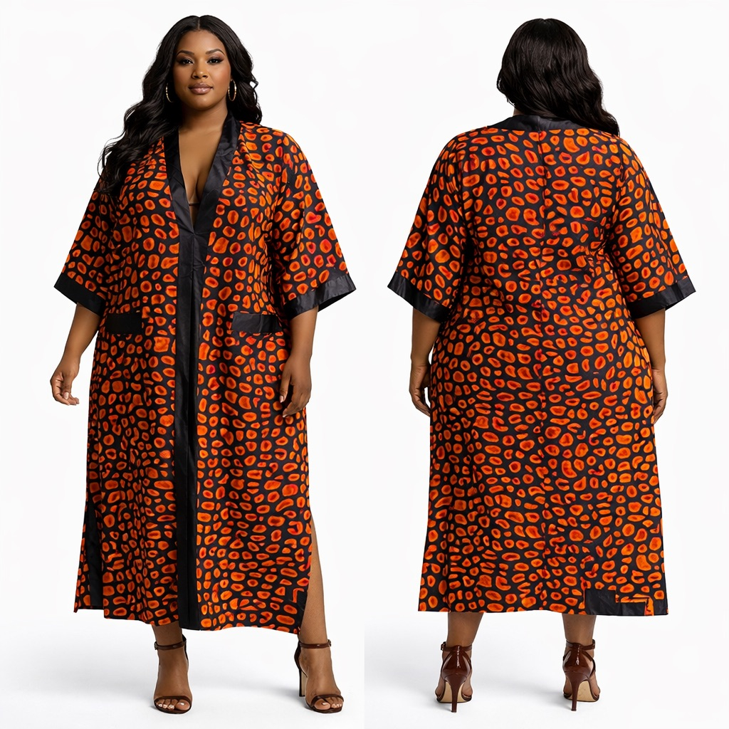 Orange Leopard Print Long Kaftan Dress  with Contrast Trim