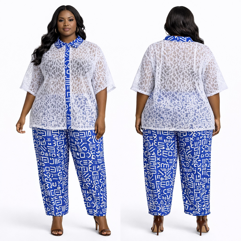 Blue Print Two Piece Set  with  Sheer Lace Overlay Top