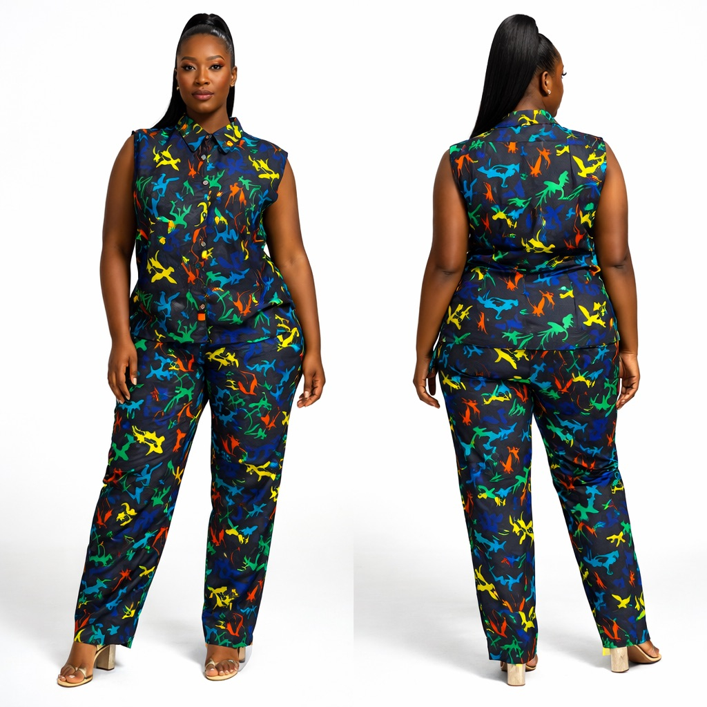 Multicolor Abstract Print  Sleeveless Shirt and  Trouser Set