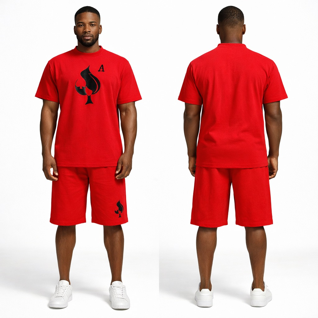 Red Graphic T Shirt  and Shorts Set with  Ace Print