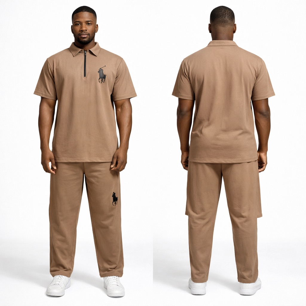 Khaki Polo Shirt and Trouser Set  with  Zip Collar Detail