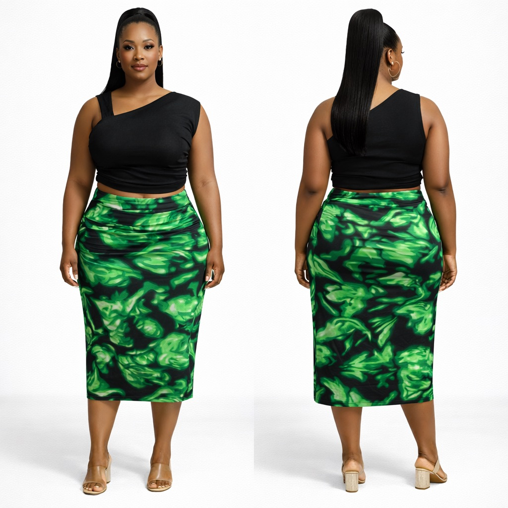 Black One Shoulder Top and Green Abstract Print  Midi Skirt Set