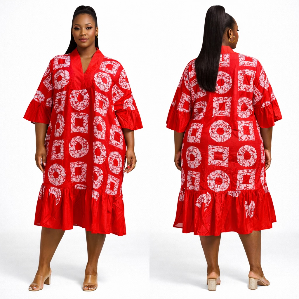 Red Abstract Print Kaftan Dress  with  Ruffle Hem