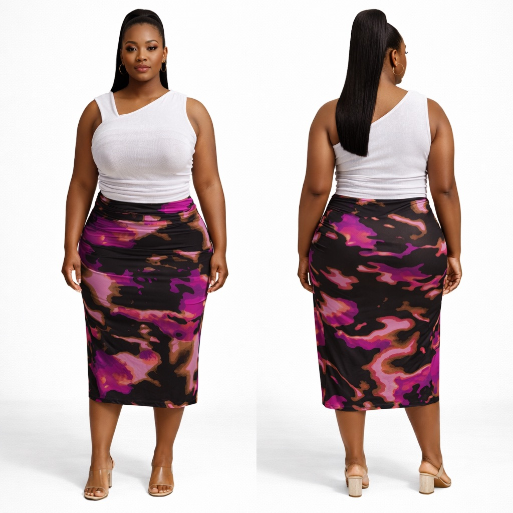 White Sleeveless Top and Abstract Print  Midi Skirt Set