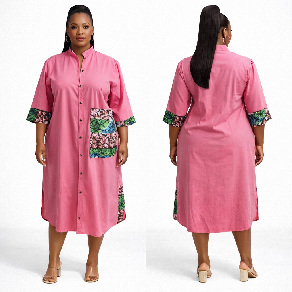 Pink Button Down Shirt Dress  with  Ankara Patch Detail