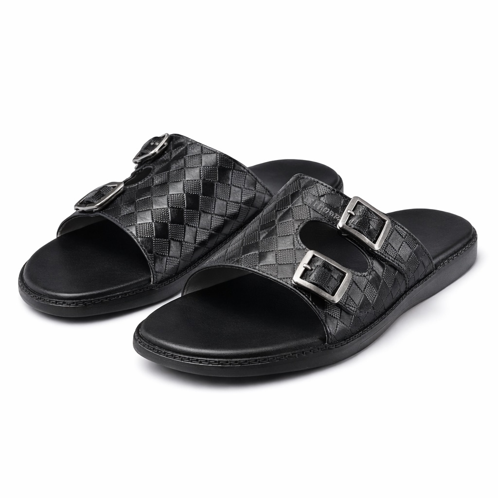 Black Woven Leather Double Buckle Slide Sandals