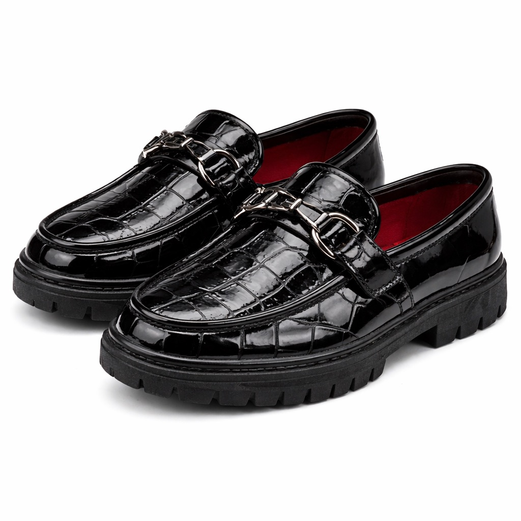 Black Glossy Croc Texture Mule Loafers with Metal Detail