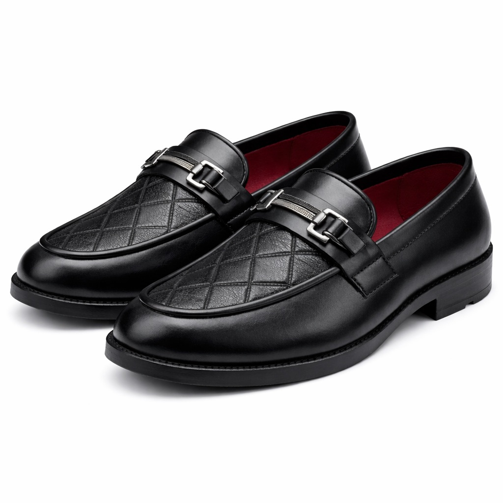 Black Quilted Panel Leather Loafers  with  Metal Bit Detail