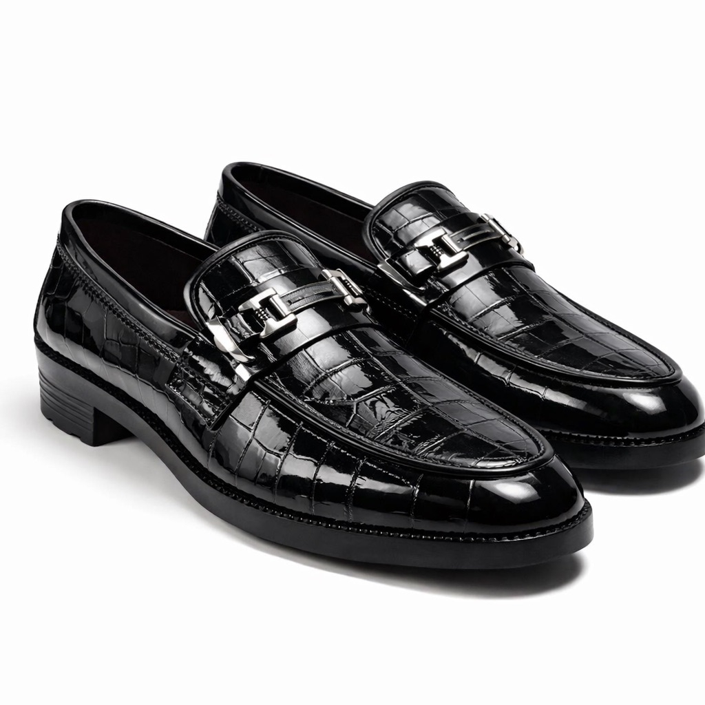 Black Glossy Croc Texture Loafers  with Signature Metal Bar Detail