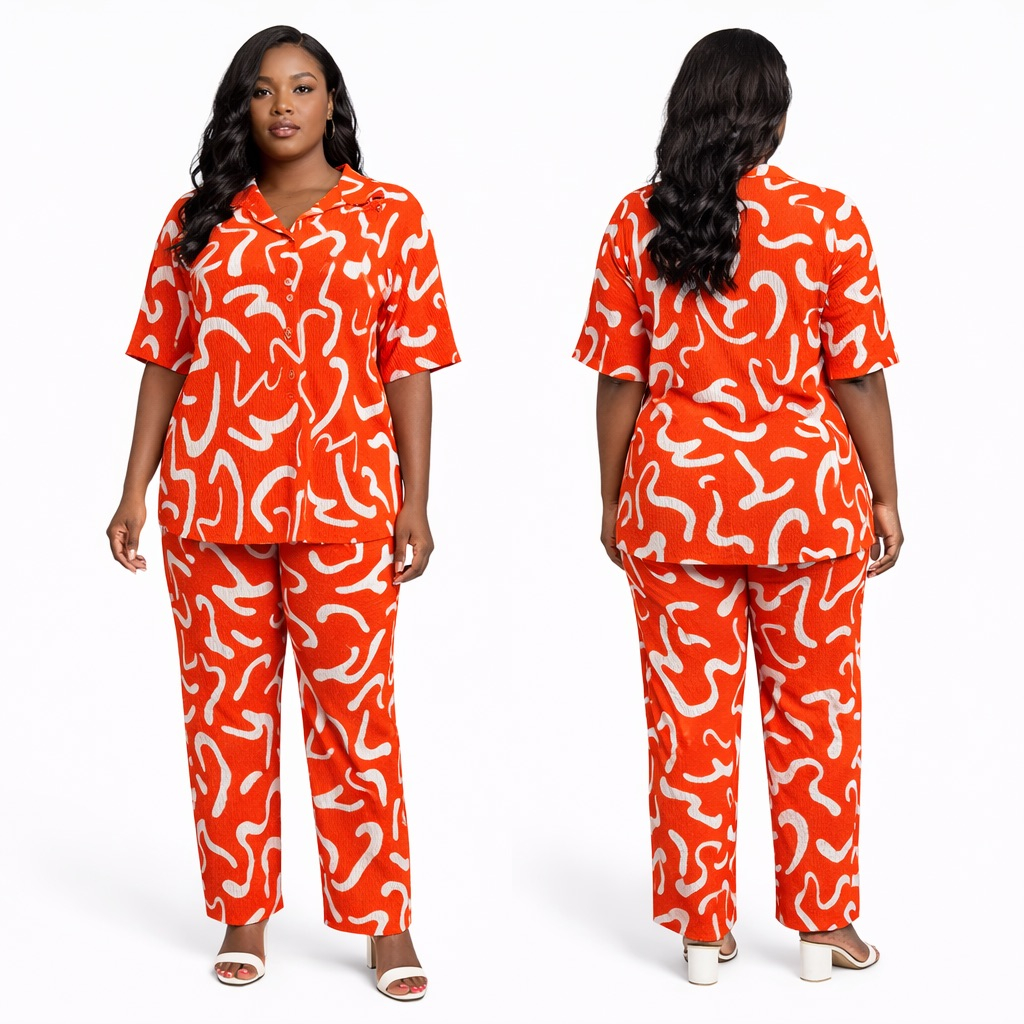 Orange Abstract Print  Two Piece Shirt and Pant Set