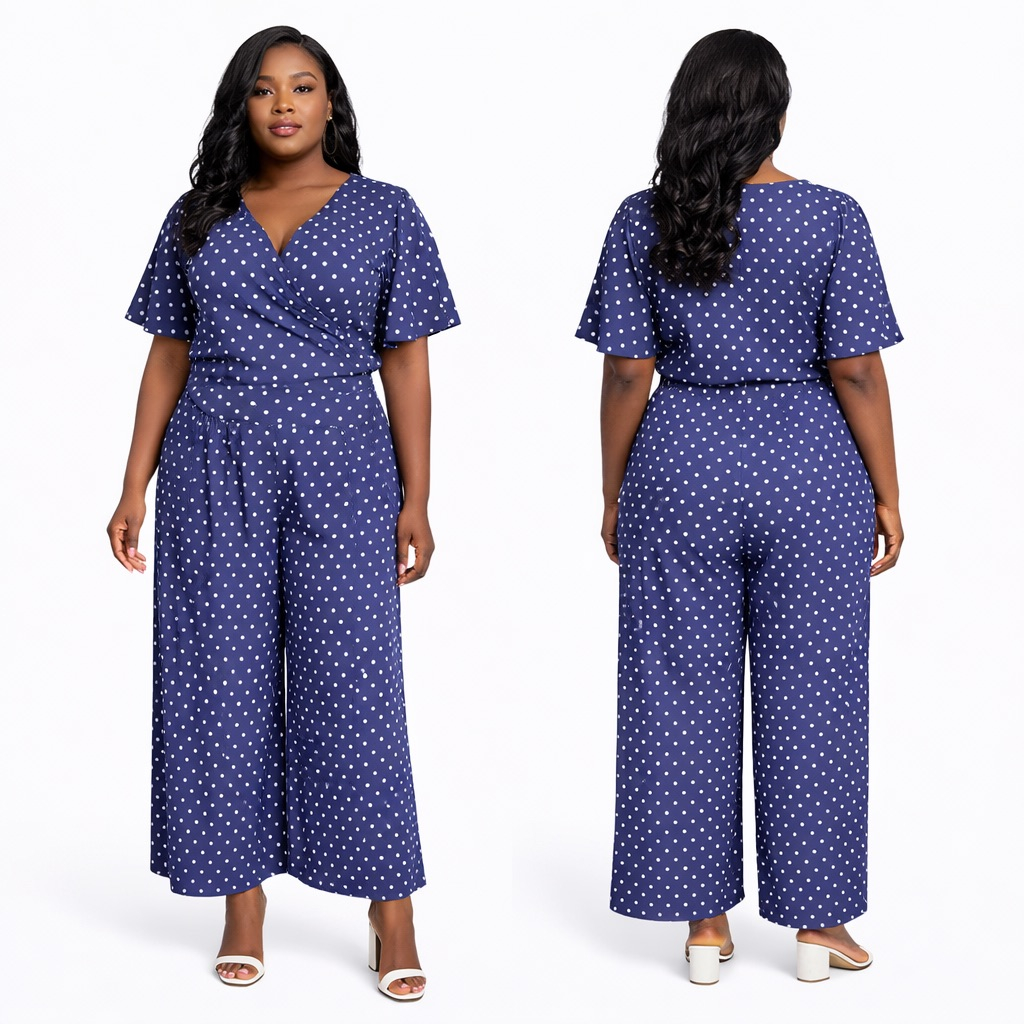 Blue Polka Dot Wrap Midi Dress with Flutter Sleeves