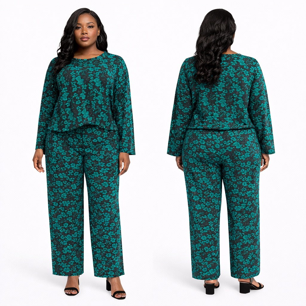 Green Floral  Print Long  Sleeve Two Piece Set