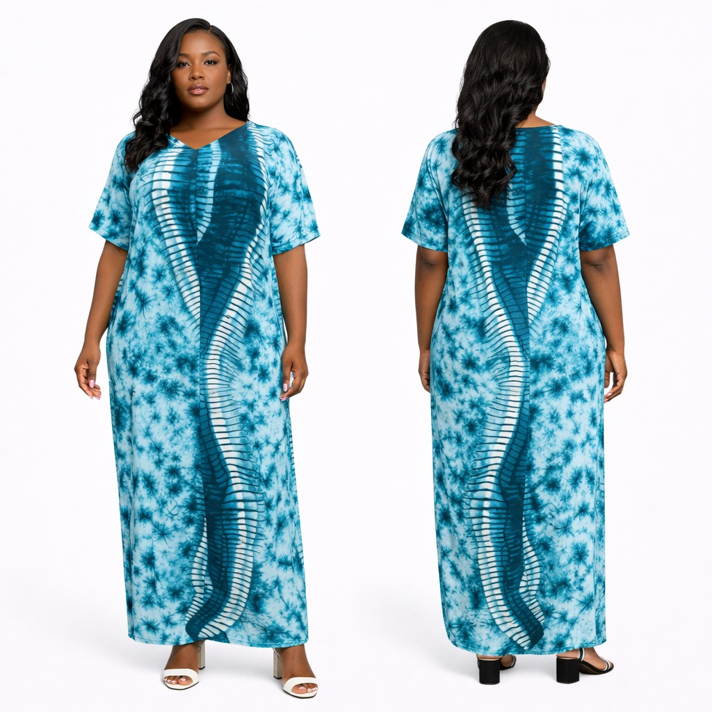 Teal Tie Dye  Kaftan Maxi Dress with V Neck