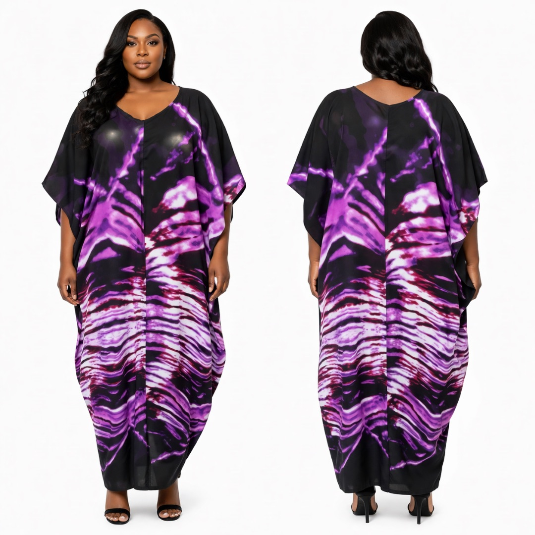 Black and Purple Tie Dye Kaftan Maxi Dress  with V Neck