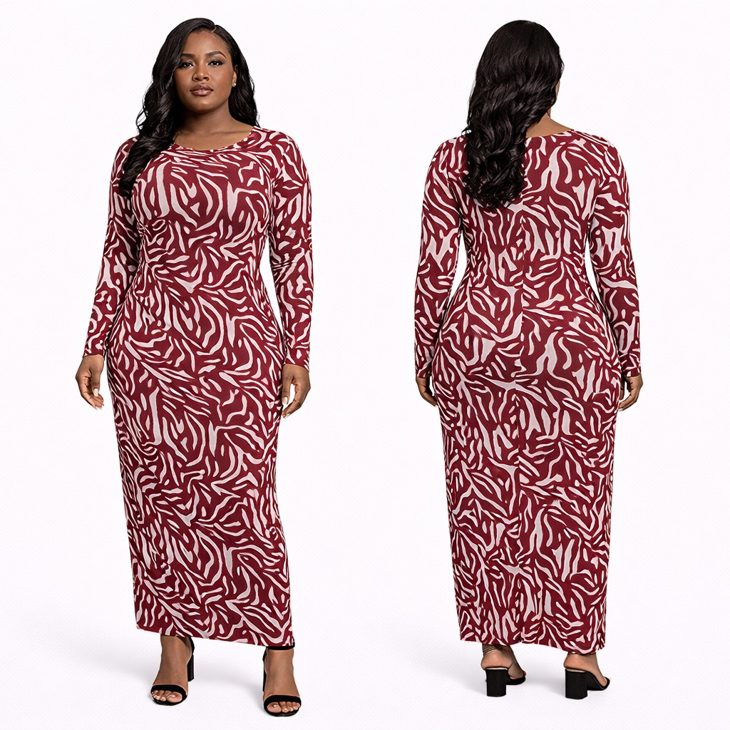 Burgundy Abstract Print  Long Sleeve Midi Dress