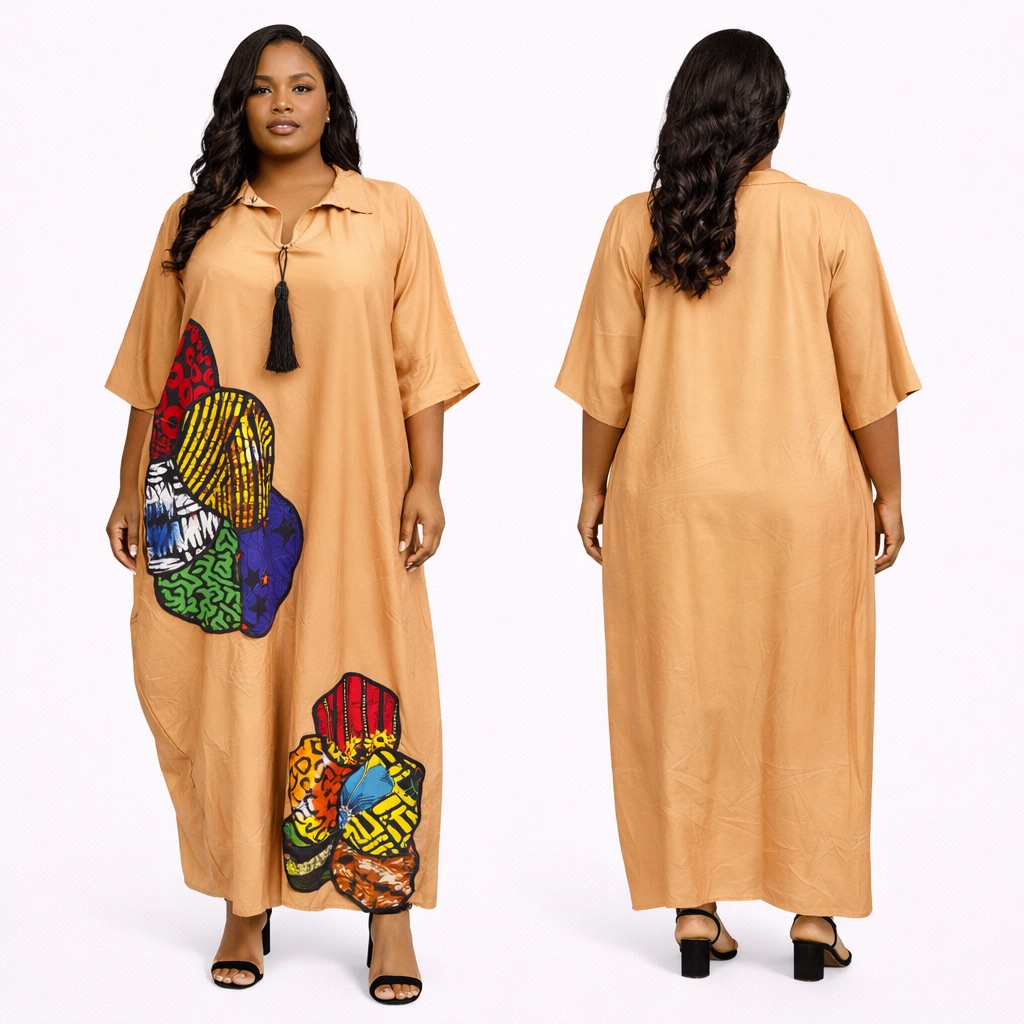 Beige Patchwork Kaftan Dress with  Tassel Detail