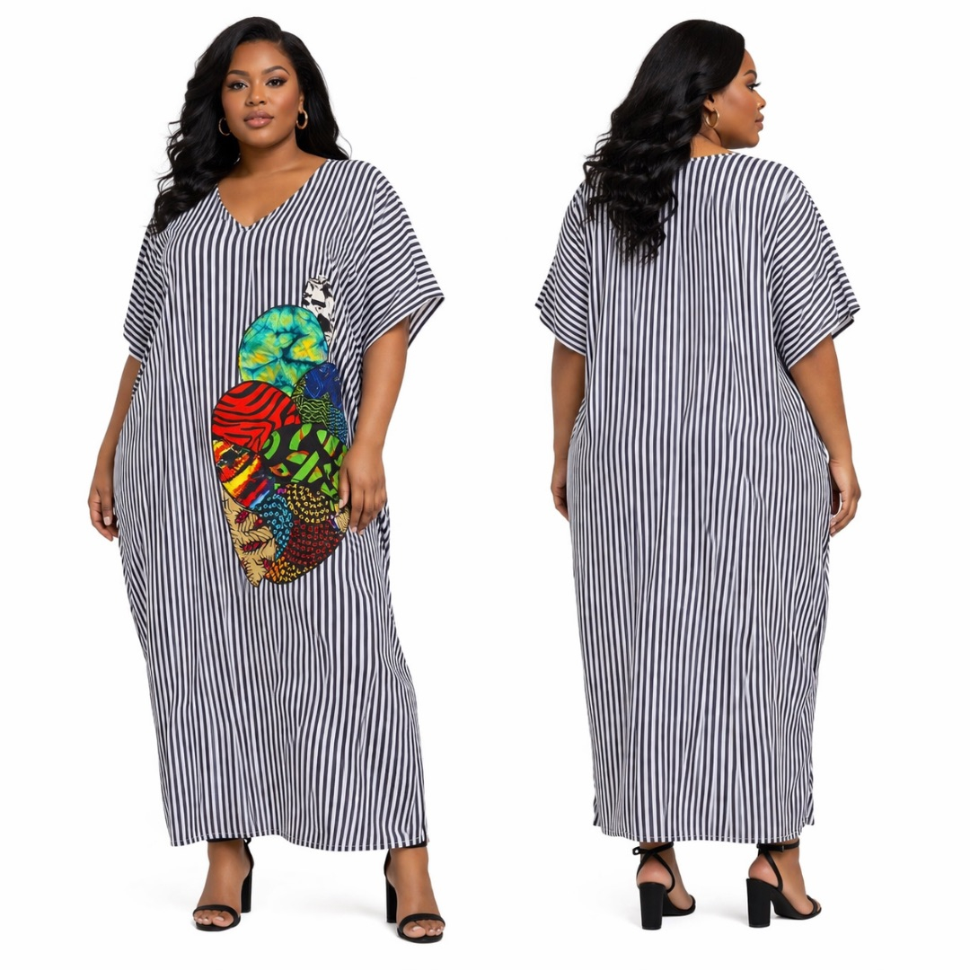 Black and White Striped Kaftan Maxi Dress with  Patchwork Detail