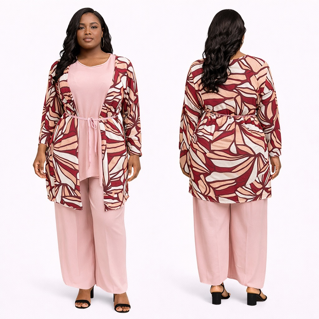 Blush Pink Three Piece Lounge Set  with  Printed Kimono Jacket