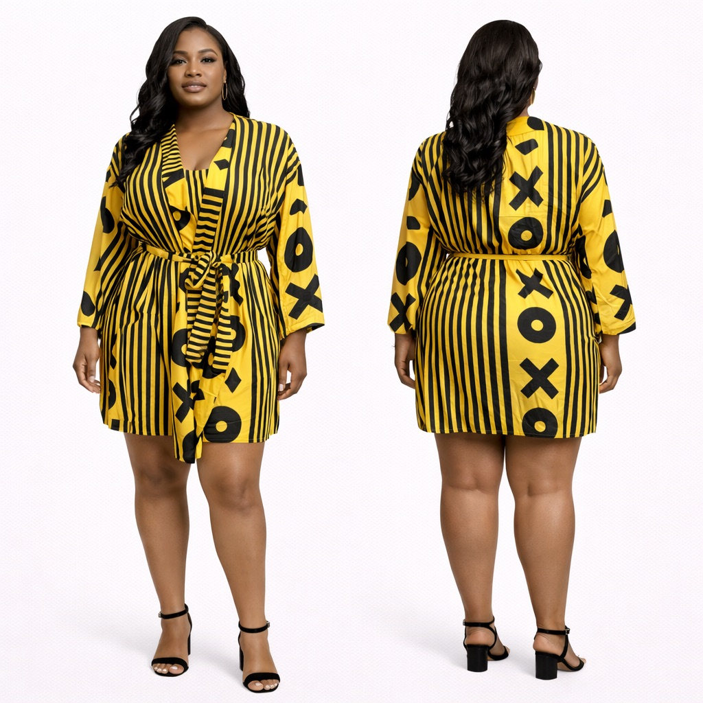 Yellow and Black Striped Kimono Dress  with Waist Tie