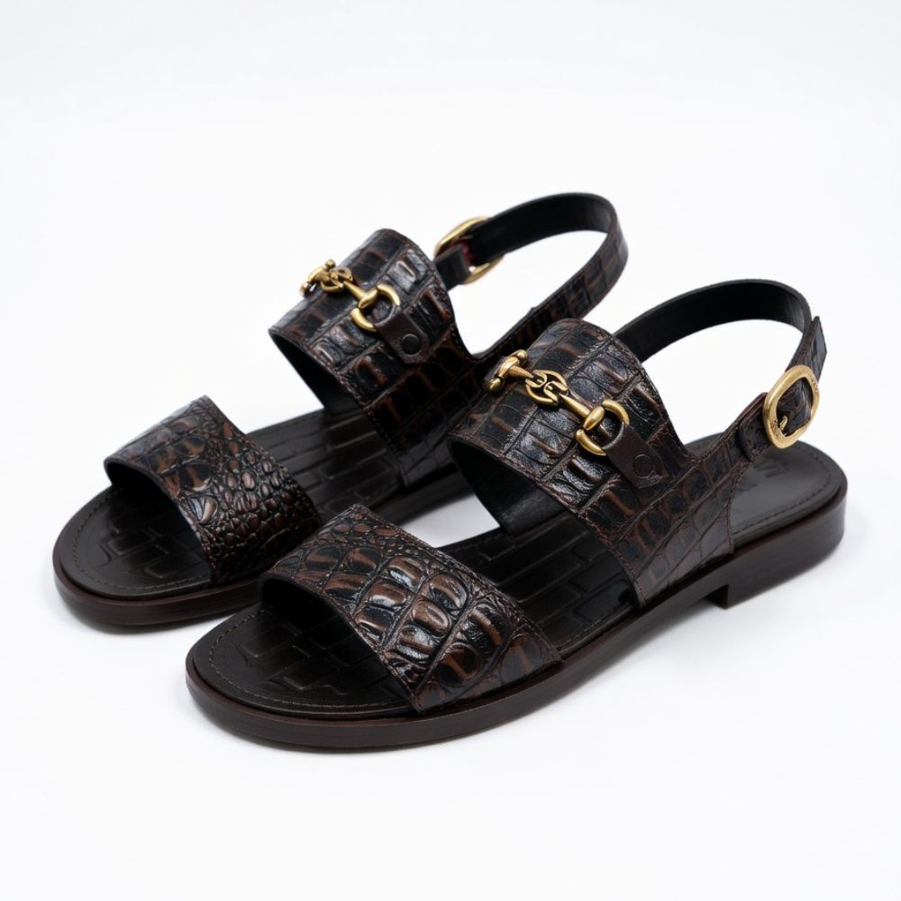 Handcrafted Men Dark Brown Croc Leather Bit Sandal with Gold Hardware