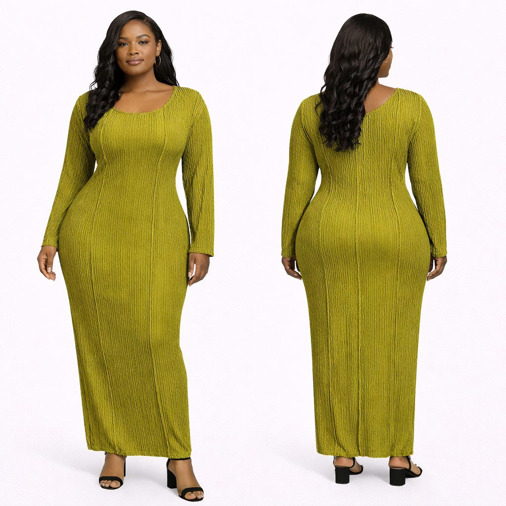 Olive Green Pleated Long Sleeve Midi Dress with Round Neck