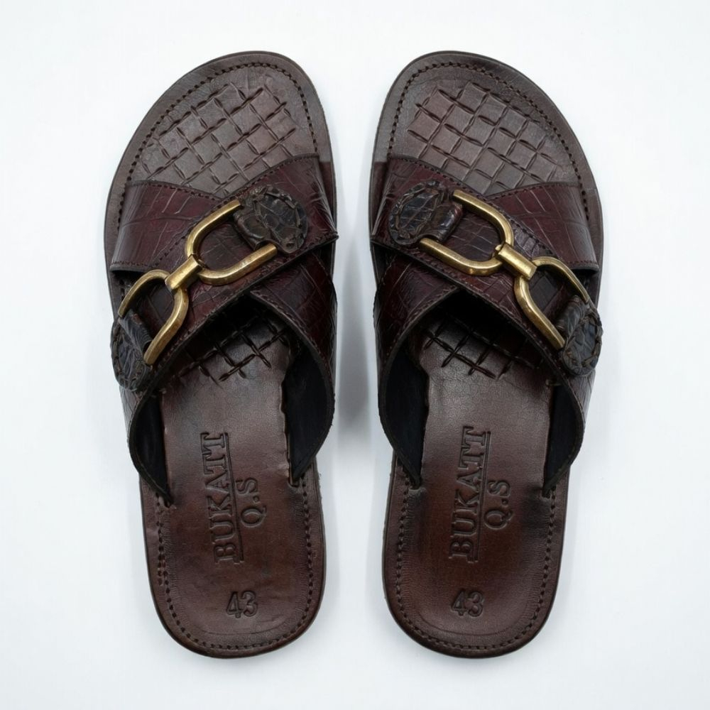 Handcrafted Men Dark Brown Croc Embossed Leather Bit Slides