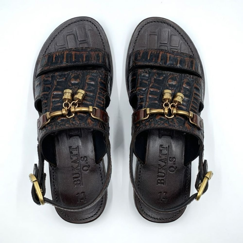 Dark Brown Croc Leather Mens Buckle Sandals