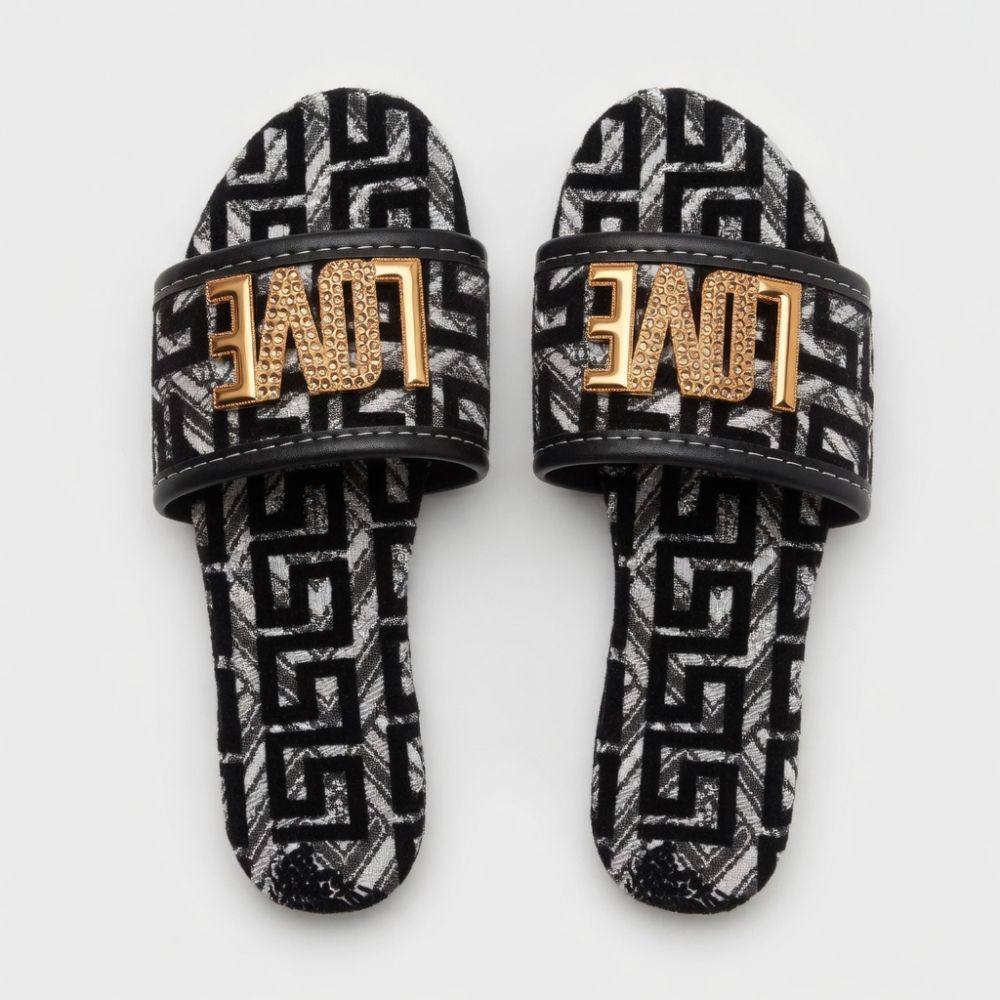 Women Patterned Slide Sandals with Gold Accent
