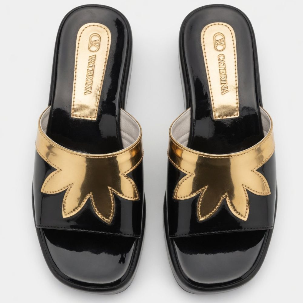 High Shine Platform Slides with Gold Flame Detail