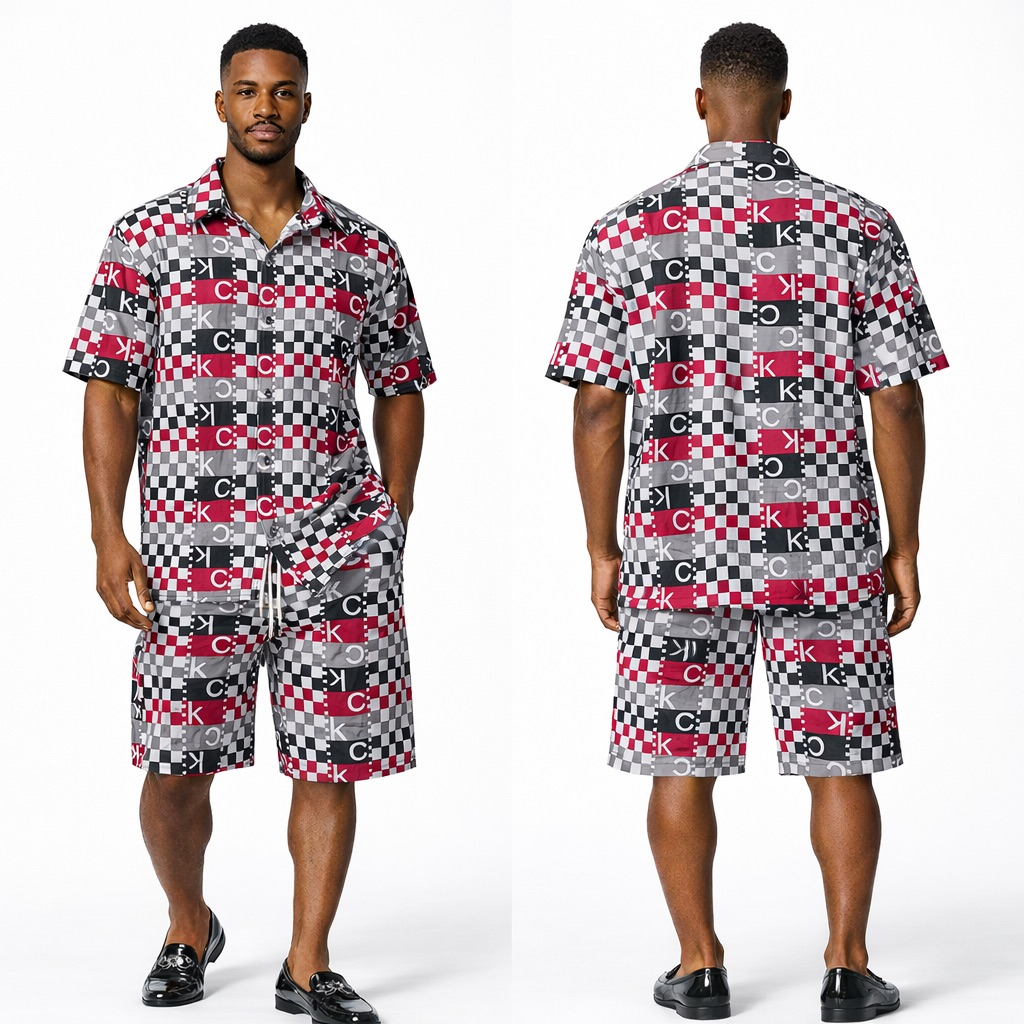 Mens  Red Black and White Checkered Graphic  Two Piece Short Set