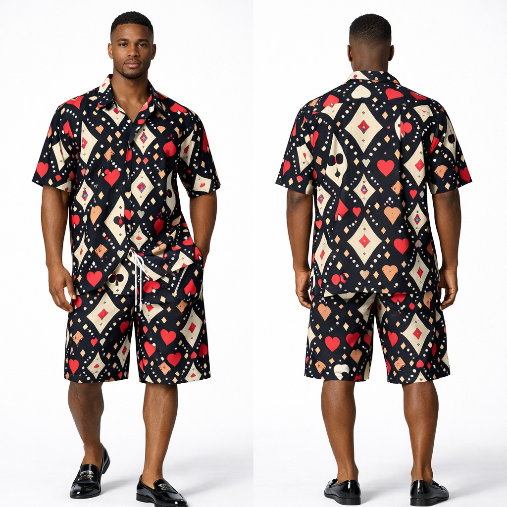 Mens Black Playing Card Print  Two Piece Short Set