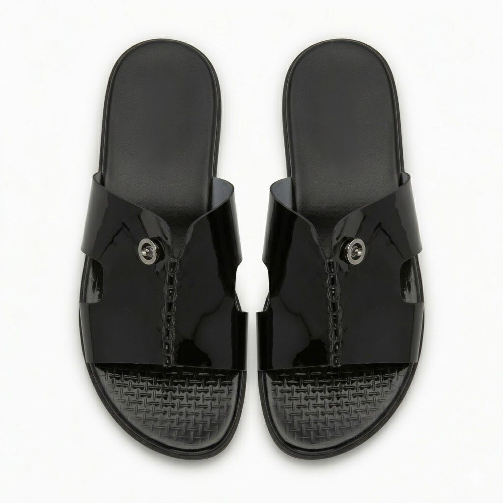 Mens Black Glossy Cross Strap Slide Sandals