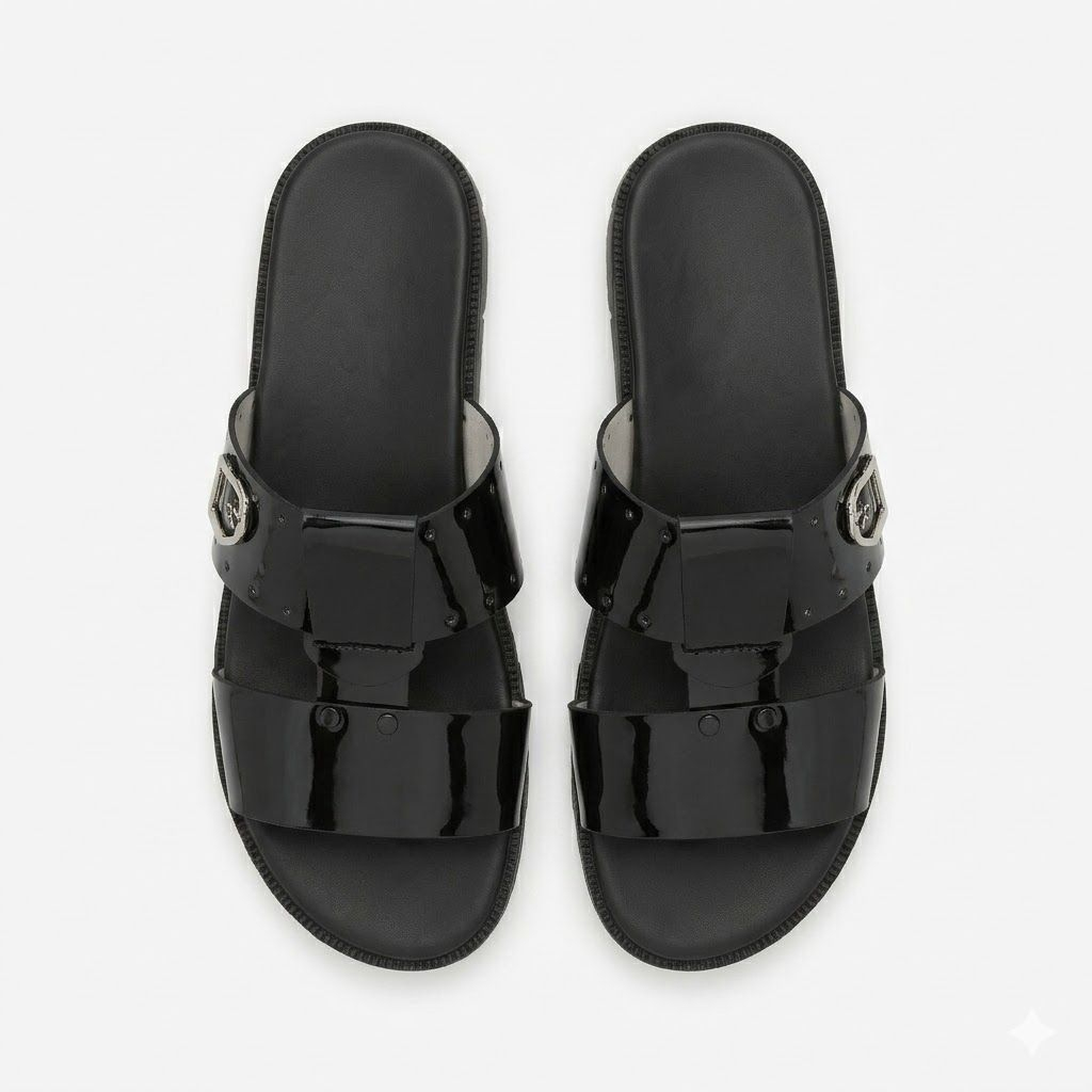 Mens Black Double Strap Comfort Slide Sandals