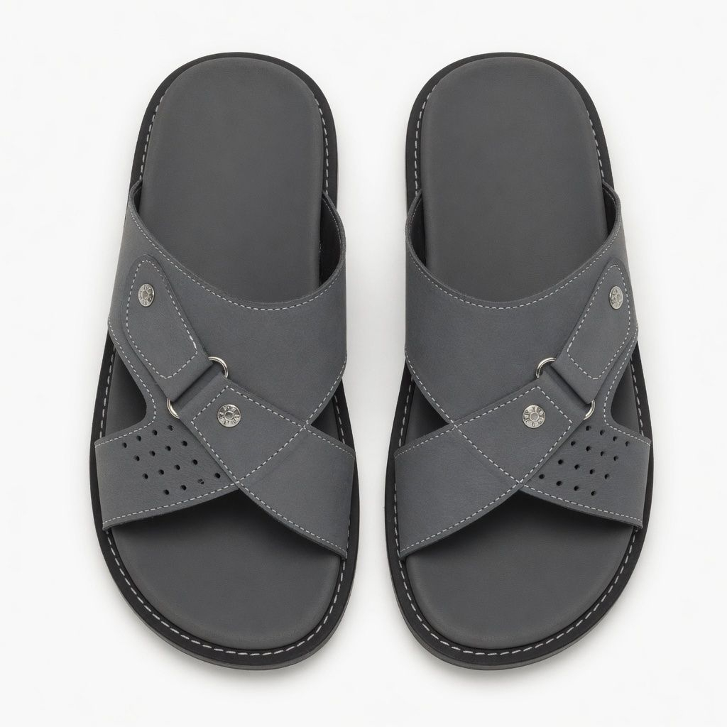 Classic Grey Cross Strap Slide Sandals with Decorative Button Detail