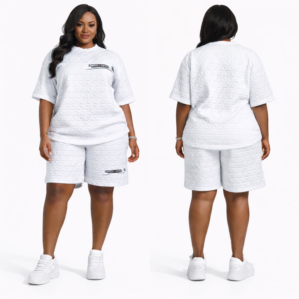 Womens White  Quilted  Two Piece Short Set