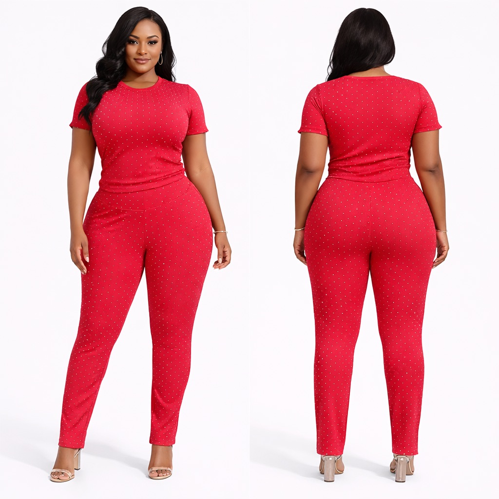 Womens Rhinestone Embellished Short Sleeve Two Piece Lounge Set