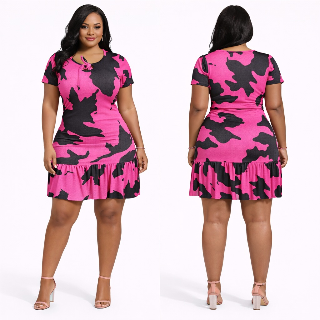 Womens Printed Short Sleeve Ruffle Hem Mini Dress