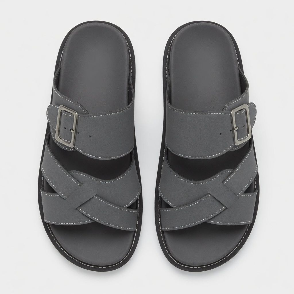 Mens Classic Grey Multi Strap Slide Sandals with Adjustable Buckle