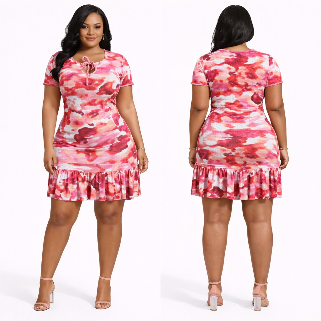 Womens Floral Print Short Sleeve Ruffle Hem Mini Dress