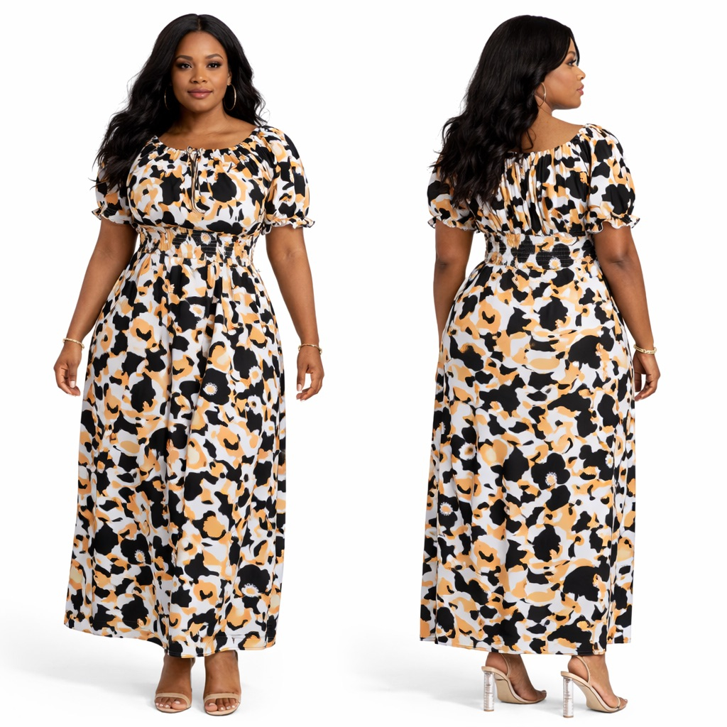 Earth Tone Floral Smocked Waist Maxi Dress with  Puff Sleeves