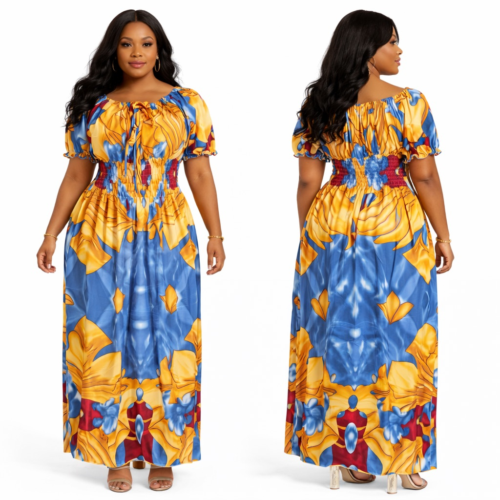 Vibrant Blue and Yellow Floral Smocked Waist  Maxi Dress