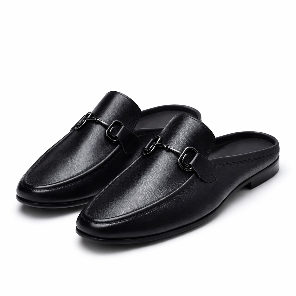 Mens Black Leather Slip On Horsebit  Mule  Loafers