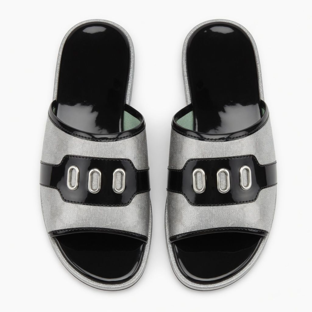 Mens Silver & Black Casual Slide Sandals