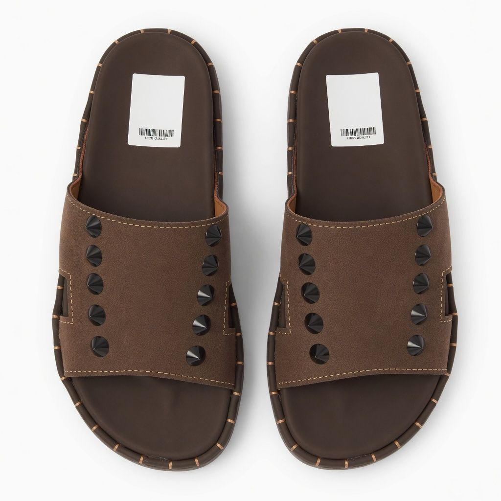 Artisanal Taupe Studded M Emblem Slides