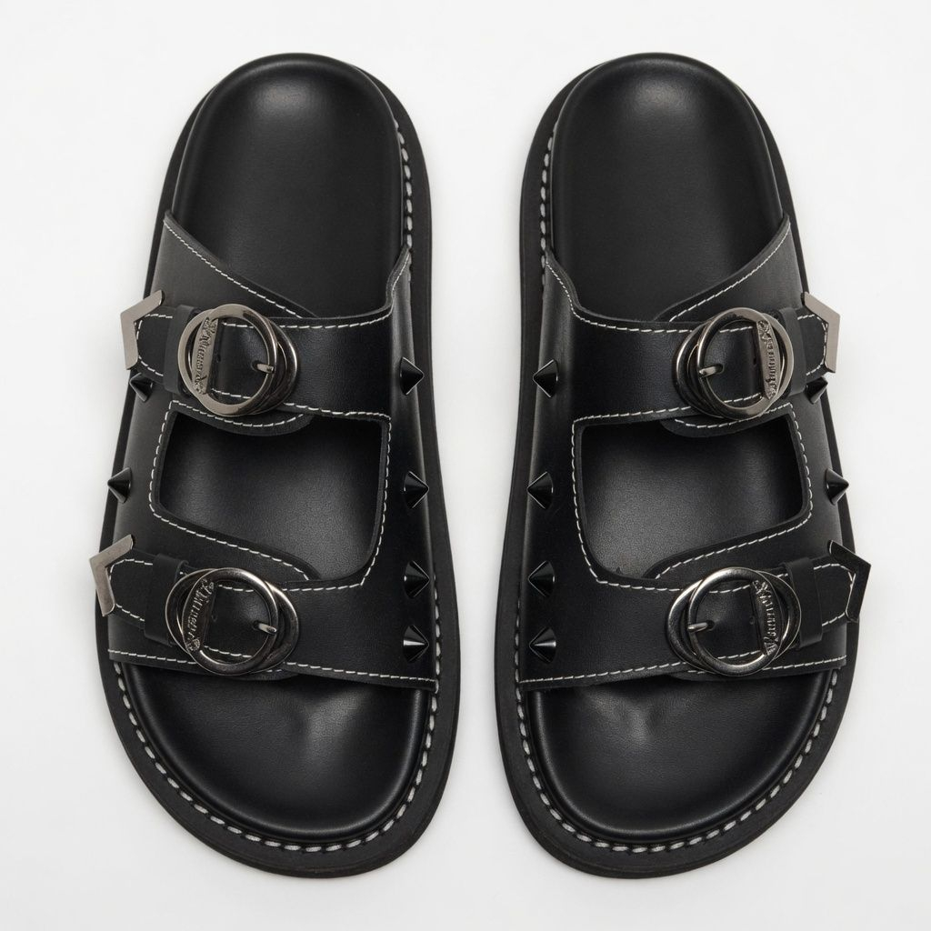 Artisanal Obsidian Dual Buckle Studded Slides
