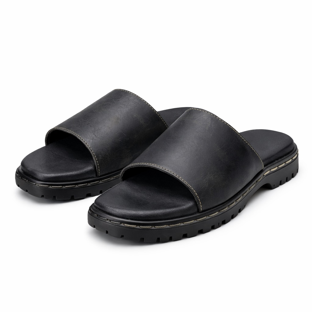 Mens Black Leather Slide Sandals with Cushioned Sole